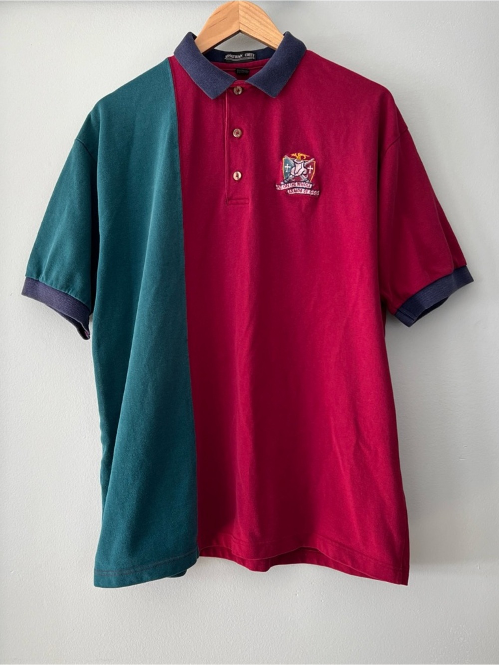 Vintage Jonathan Corey Split-Panel Red & Teal Polo Shirt with Embroidered Crest